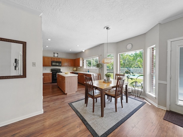 dining space featuring a textured ceiling, baseboards, wood finished floors, and recessed lighting