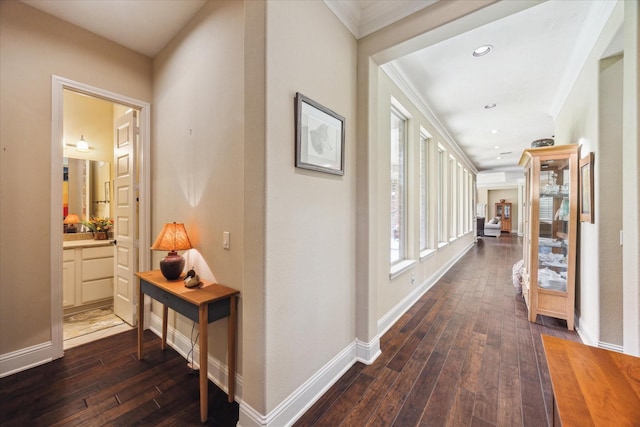 17715 Netherby Ln, Richmond, TX 77407 - hall with crown molding, dark wood-style floors, baseboards, and recessed lighting