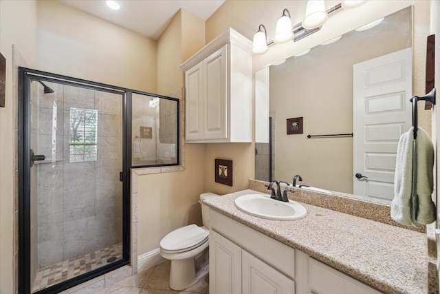 17715 Netherby Ln, Richmond, TX 77407 - full bathroom featuring toilet, a shower stall, vanity, and tile patterned floors