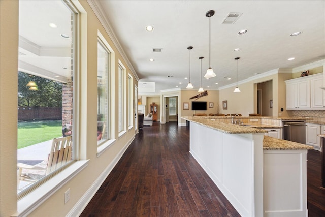 17715 Netherby Ln, Richmond, TX 77407 - kitchen with dishwasher, crown molding, decorative backsplash, dark wood-style floors, and recessed lighting