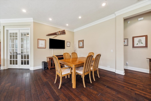 17715 Netherby Ln, Richmond, TX 77407 - dining room featuring wood-type flooring, baseboards, recessed lighting, french doors, and crown molding