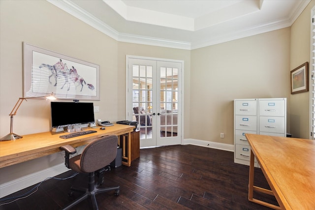 17715 Netherby Ln, Richmond, TX 77407 - office with french doors, a tray ceiling, dark wood-type flooring, crown molding, and baseboards
