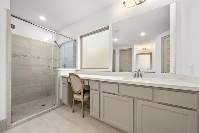 3306 Willow Fin Way, Richmond, TX 77406 - bathroom with a shower stall, vanity, tile patterned flooring, and recessed lighting