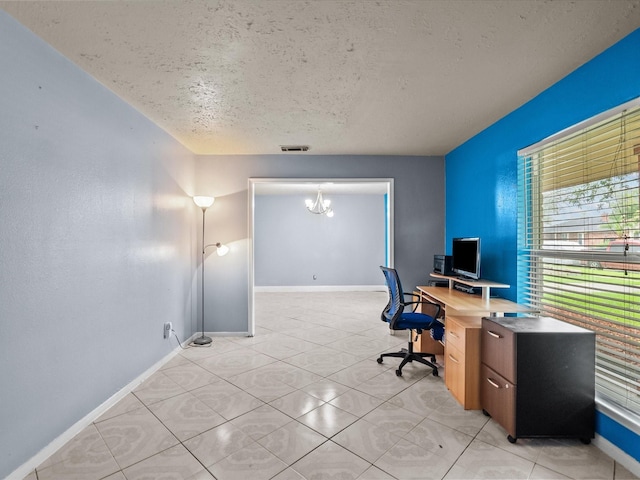 10218 Sagerock Dr, Houston, TX 77089 - home office featuring a textured ceiling, a chandelier, baseboards, and light tile patterned floors