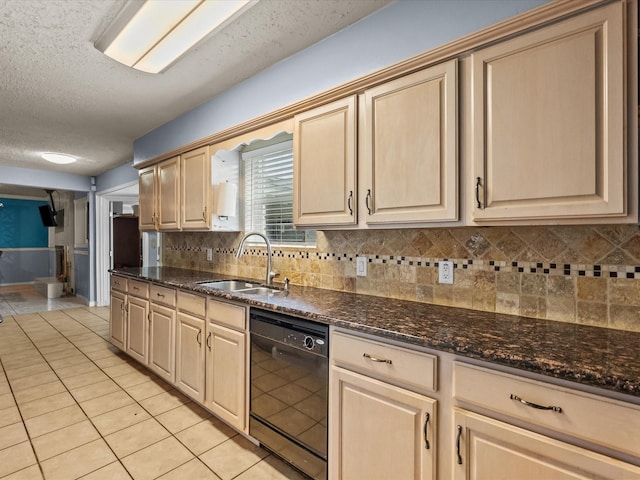 10218 Sagerock Dr, Houston, TX 77089 - kitchen with dishwasher, a sink, light tile patterned flooring, a textured ceiling, and decorative backsplash