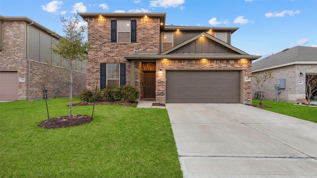 321 Lippizan Dr, Alvin, TX 77511 - view of front of home featuring board and batten siding, brick siding, concrete driveway, and a front yard