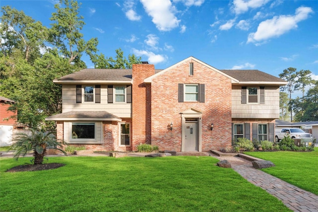 7906 Beaufort Dr, Spring, TX 77379 - view of front facade with a front lawn, brick siding, a chimney, and roof with shingles