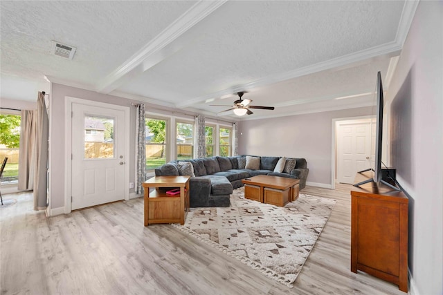 7906 Beaufort Dr, Spring, TX 77379 - living area with a textured ceiling, light wood-style flooring, crown molding, baseboards, and ceiling fan