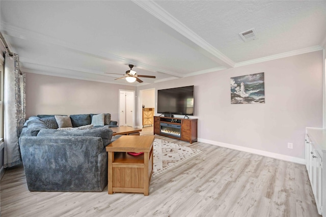 7906 Beaufort Dr, Spring, TX 77379 - living area featuring light wood-style floors, ceiling fan, baseboards, and crown molding