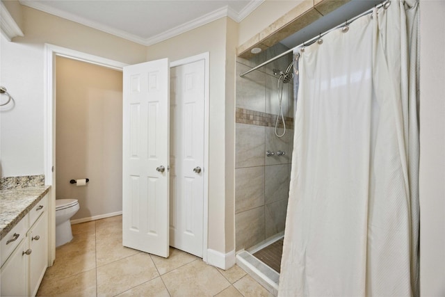 7906 Beaufort Dr, Spring, TX 77379 - full bath with tiled shower, vanity, tile patterned flooring, crown molding, and toilet