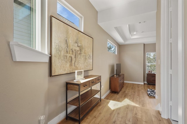 corridor featuring baseboards, wood finished floors, and a raised ceiling