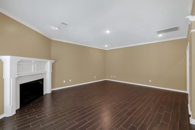 19415 Indian Hawthorn Dr, Houston, TX 77094 - unfurnished living room with dark wood-style floors, baseboards, a fireplace, ornamental molding, and recessed lighting