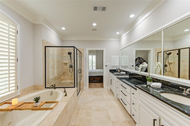 3331 Bingham Manor Ln, Houston, TX 77056 - ensuite bathroom with a bath, a stall shower, double vanity, crown molding, and recessed lighting