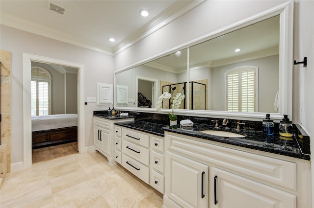 3331 Bingham Manor Ln, Houston, TX 77056 - ensuite bathroom with ornamental molding, plenty of natural light, double vanity, a stall shower, and recessed lighting