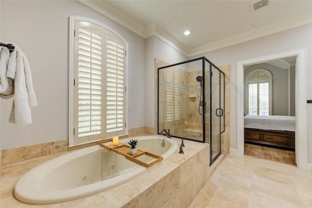 3331 Bingham Manor Ln, Houston, TX 77056 - full bath featuring ornamental molding, a shower stall, a tub with jets, and ensuite bath