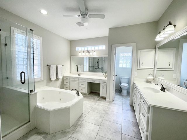 1265 Ridgewood Pl, Houston, TX 77055 - full bath with a stall shower, a whirlpool tub, vanity, toilet, and ceiling fan