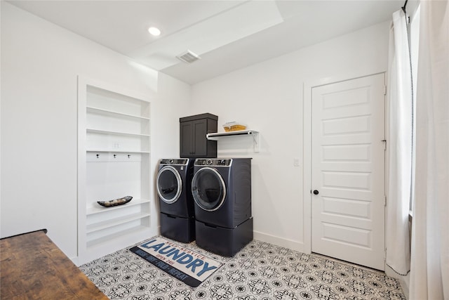 21502 Lowlands Ln, Cypress, TX 77433 - washroom featuring washing machine and dryer, built in shelves, baseboards, recessed lighting, and light tile patterned floors