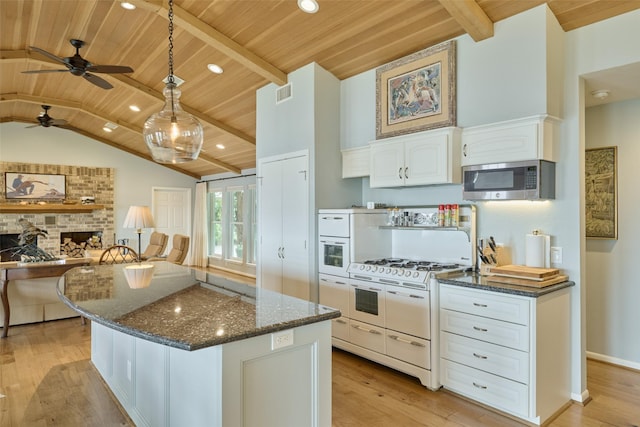 1378 Landing Way, Trinity, TX 75862 - kitchen featuring wood ceiling, white appliances, light wood-style floors, a ceiling fan, and white cabinetry