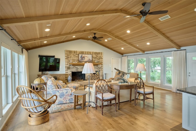 1378 Landing Way, Trinity, TX 75862 - living area with wood ceiling, a ceiling fan, light wood finished floors, and a fireplace
