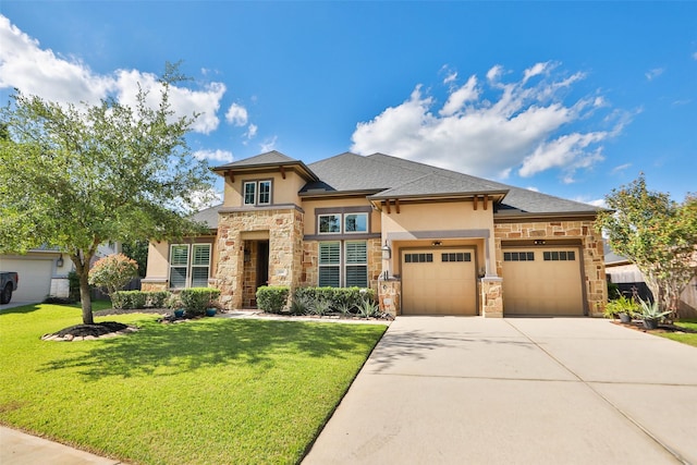 506 Chirping Sparrow Ct, Pinehurst, TX 77362 - prairie-style house featuring stucco siding, stone siding, concrete driveway, a garage, and a front yard