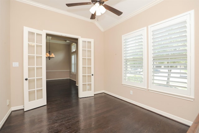506 Chirping Sparrow Ct, Pinehurst, TX 77362 - unfurnished room featuring french doors, crown molding, dark wood-type flooring, ceiling fan, and baseboards