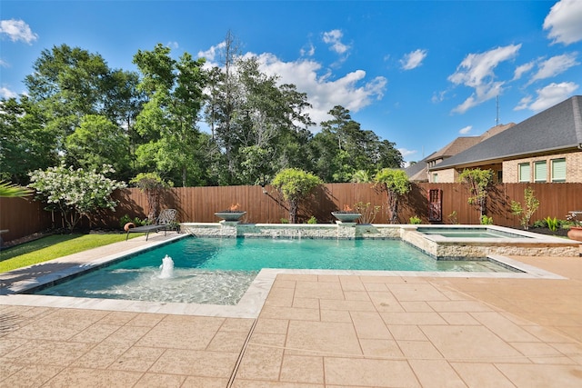506 Chirping Sparrow Ct, Pinehurst, TX 77362 - view of swimming pool featuring a patio, a fenced backyard, and a pool with connected hot tub