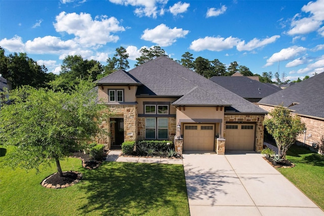 506 Chirping Sparrow Ct, Pinehurst, TX 77362 - french country style house with stucco siding, stone siding, a garage, and a front yard