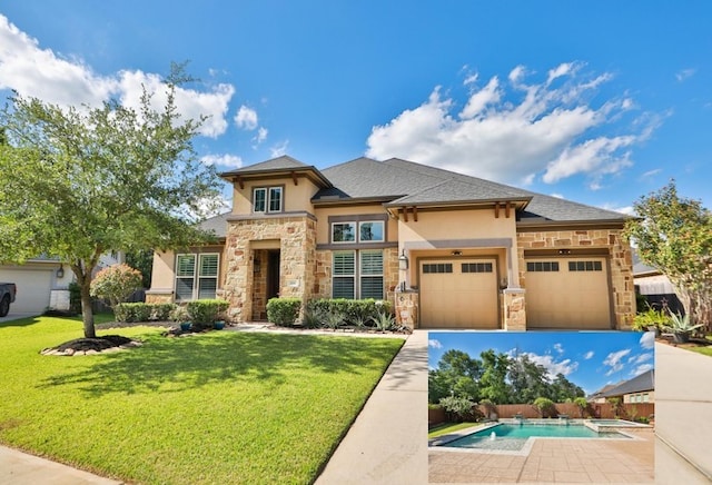 506 Chirping Sparrow Ct, Pinehurst, TX 77362 - prairie-style home featuring stone siding, stucco siding, a front lawn, and a pool with connected hot tub