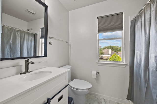 8414 Coriander Ln, Baytown, TX 77521 - full bathroom with toilet, marble look tiles, vanity, baseboards, and curtained shower
