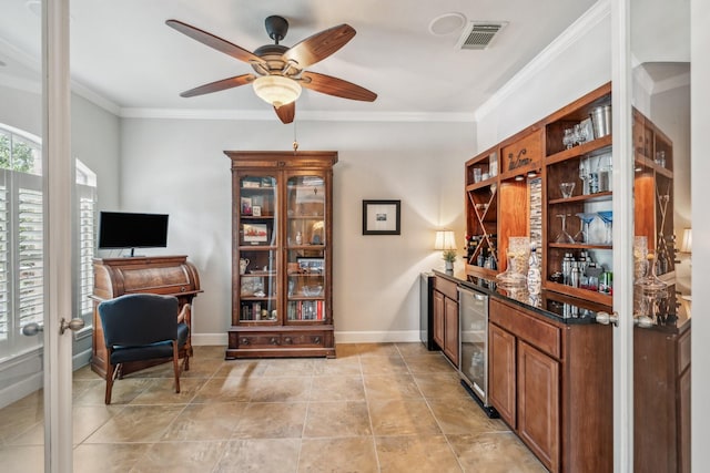 15730 Hunters Lake Way, Houston, TX 77044 - office space featuring beverage cooler, ceiling fan, crown molding, baseboards, and a dry bar