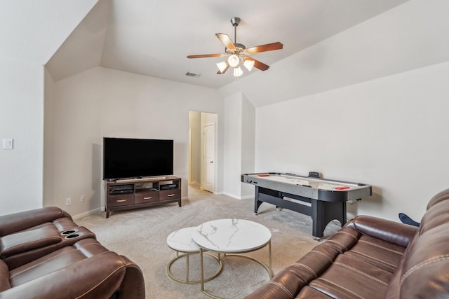 15730 Hunters Lake Way, Houston, TX 77044 - living room with vaulted ceiling, ceiling fan, carpet, and baseboards