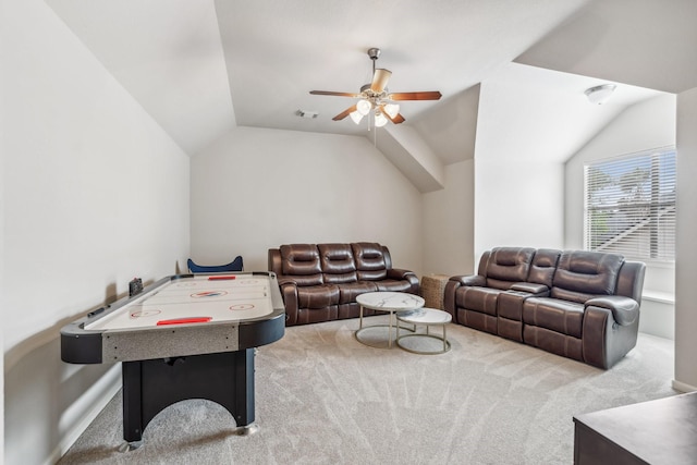 15730 Hunters Lake Way, Houston, TX 77044 - living area featuring carpet floors, a ceiling fan, and vaulted ceiling
