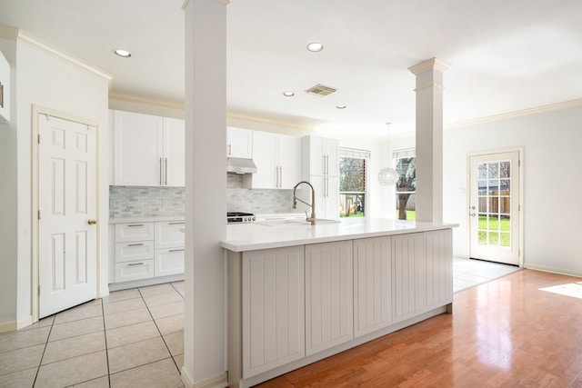 3815 Shadow Knoll Ct, Houston, TX 77082 - kitchen with a sink, decorative columns, under cabinet range hood, ornamental molding, and white cabinets