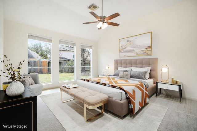 3815 Shadow Knoll Ct, Houston, TX 77082 - bedroom with light colored carpet, lofted ceiling, and ceiling fan