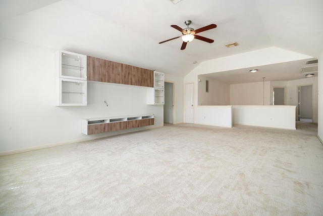 3815 Shadow Knoll Ct, Houston, TX 77082 - unfurnished living room featuring lofted ceiling, ceiling fan, light colored carpet, and baseboards