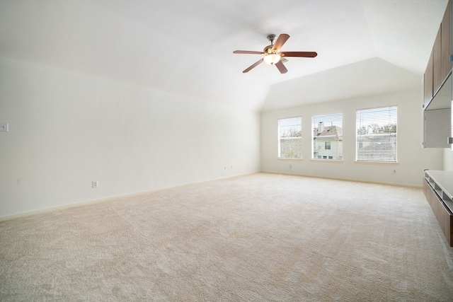 3815 Shadow Knoll Ct, Houston, TX 77082 - unfurnished living room featuring ceiling fan, light carpet, lofted ceiling, and baseboards
