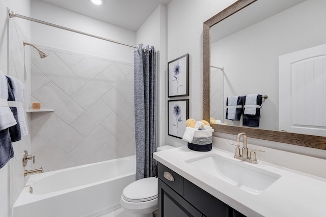 bathroom with toilet, shower / bath combination with curtain, and vanity