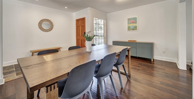 dining area with ornamental molding, dark wood-style flooring, baseboards, and recessed lighting