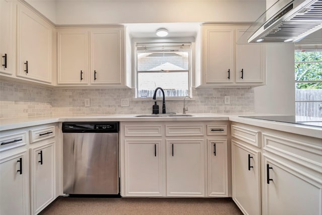 kitchen with stainless steel dishwasher, extractor fan, a sink, and light countertops