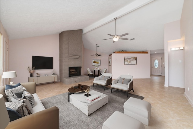 21603 Slippery Creek Ln, Spring, TX 77388 - living room featuring a brick fireplace, high vaulted ceiling, ceiling fan, beamed ceiling, and baseboards