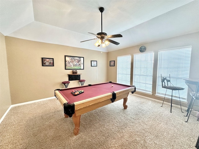 10614 Gold Point Dr, Houston, TX 77064 - recreation room featuring carpet, baseboards, pool table, and a ceiling fan