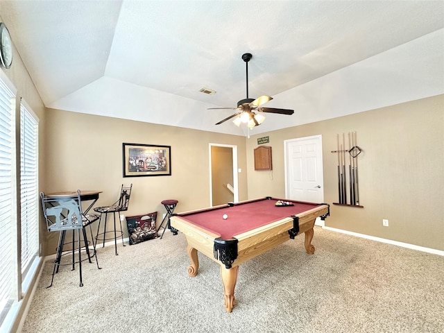 10614 Gold Point Dr, Houston, TX 77064 - recreation room with carpet, ceiling fan, billiards, baseboards, and lofted ceiling