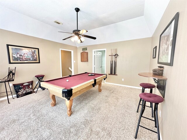 10614 Gold Point Dr, Houston, TX 77064 - playroom featuring baseboards, carpet, billiards, and a ceiling fan
