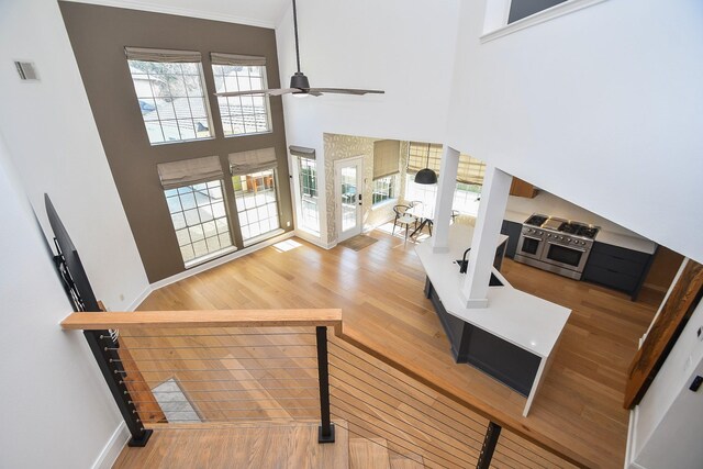 23210 Greenrush Dr, Katy, TX 77494 - living area featuring wood finished floors, ceiling fan, baseboards, and a towering ceiling
