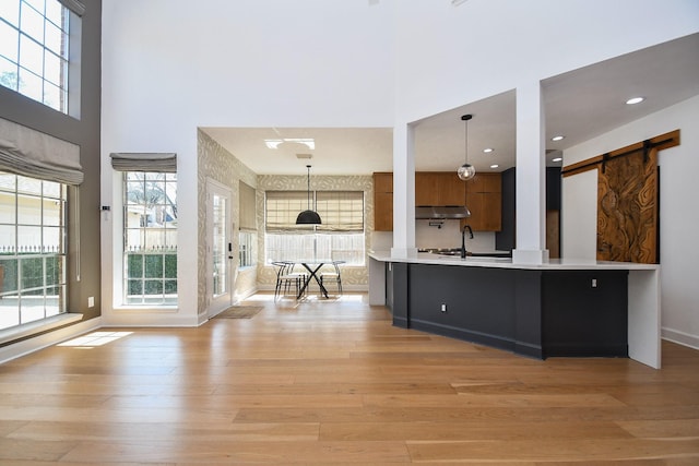 23210 Greenrush Dr, Katy, TX 77494 - kitchen with light wood-style floors, under cabinet range hood, baseboards, a barn door, and light countertops