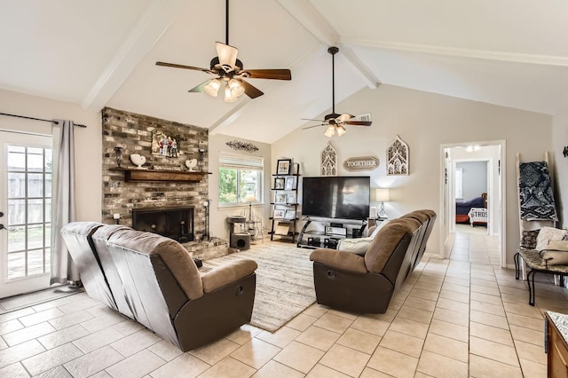 24610 Long Trail Ln, Houston, TX 77336 - living area featuring ceiling fan, beam ceiling, a brick fireplace, light tile patterned floors, and high vaulted ceiling