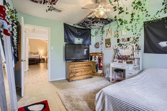 24610 Long Trail Ln, Houston, TX 77336 - carpeted bedroom with a ceiling fan, attic access, and baseboards