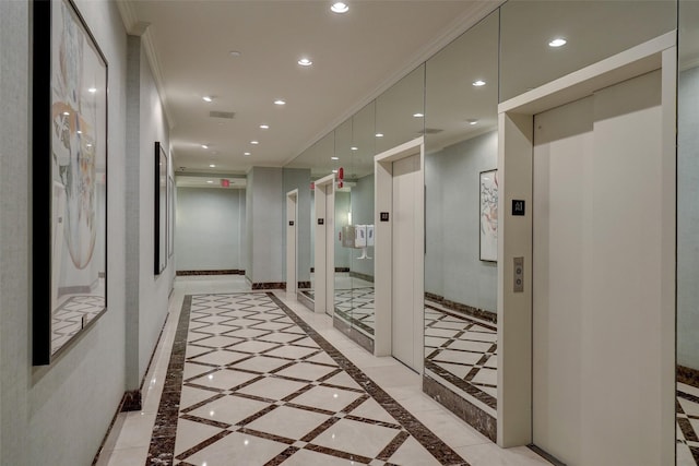 2001 Holcombe Blvd Unit 1605, Houston, TX 77030 - hall featuring inlaid floor details, recessed lighting, baseboards, elevator, and crown molding