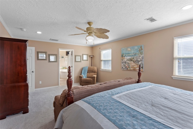 1815 Tiki Dr, Tiki Island, TX 77554 - carpeted bedroom with crown molding, multiple windows, a textured ceiling, ceiling fan, and recessed lighting