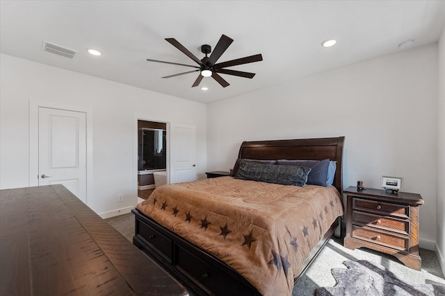770 Dogberry Ct, Conroe, TX 77304 - carpeted bedroom featuring recessed lighting, baseboards, ensuite bathroom, and ceiling fan